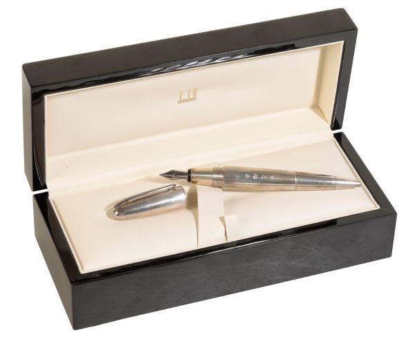 DUNHILL: A SILVER TORPEDO BALLPOINT & DIPPING FOUNTAIN PEN