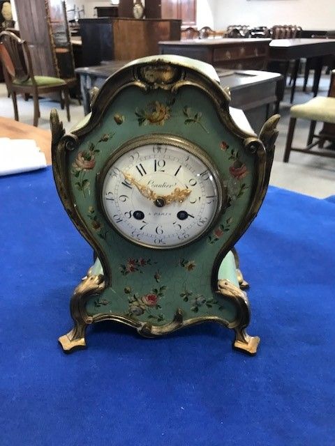 A FRENCH PAINTED CASE MANTLE CLOCK