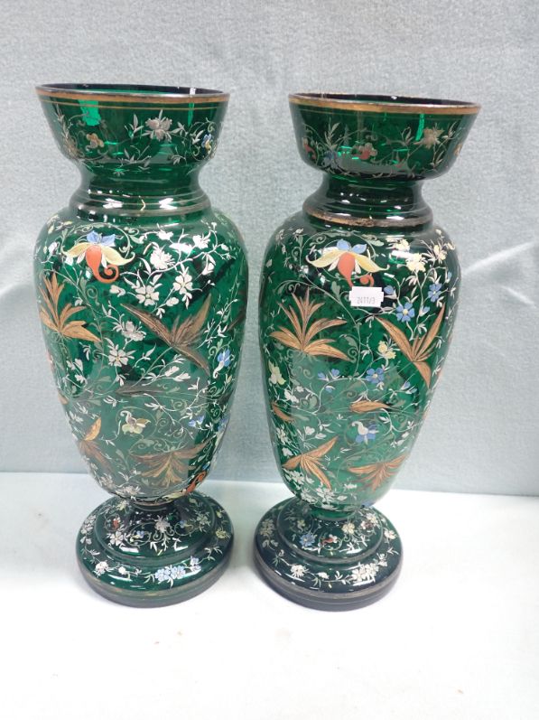 A LARGE PAIR OF VICTORIAN GREEN GLASS VASES