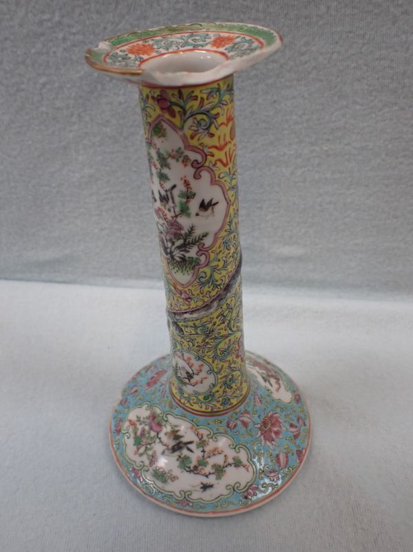 A CHINESE EXPORT FAMILLE JAUNE CANDLESTICK