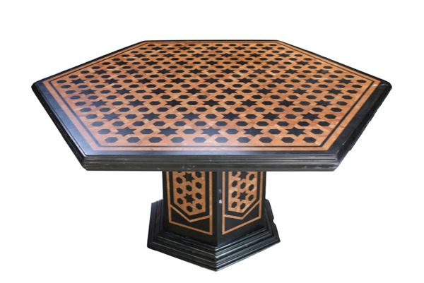 A MARBLE VENEERED CENTRE TABLE,