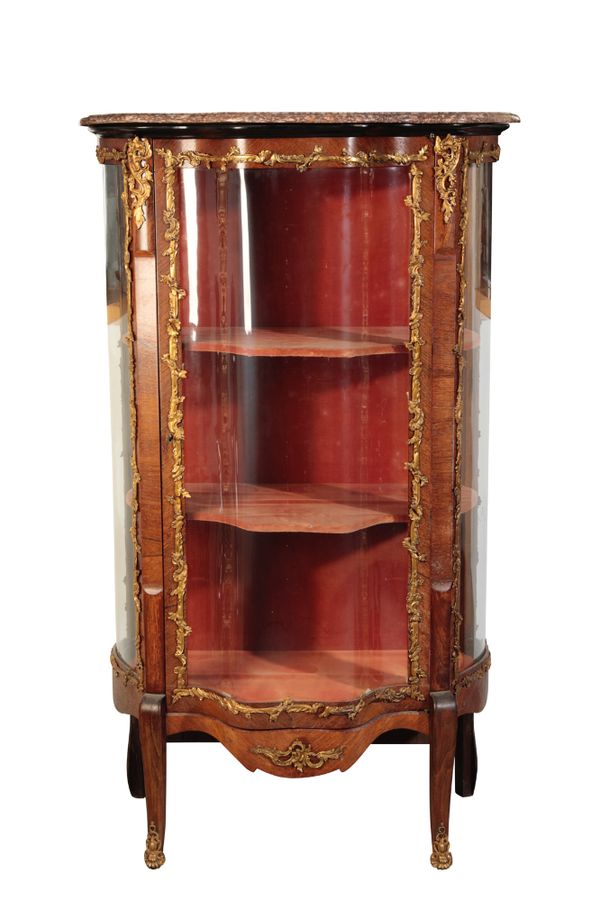 A ROSEWOOD VENEERED, METAL MOUNTED AND MARBLE TOPPED VITRINE,