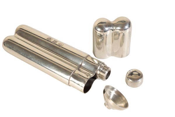 A SILVER PLATED CIGAR & HIP FLASK