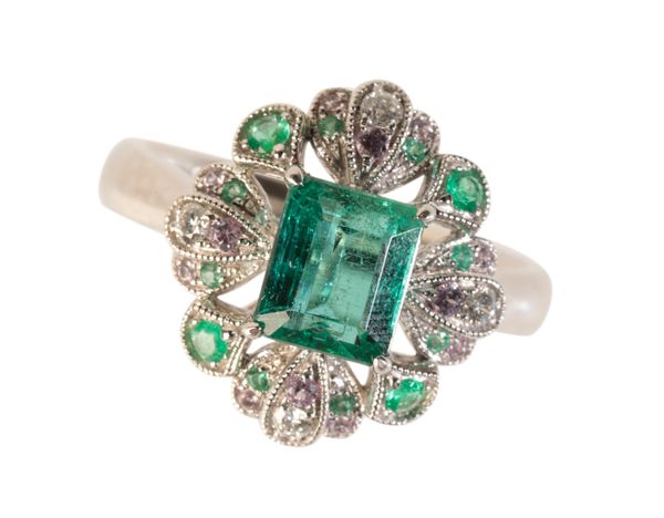 AN UNTRAETED CHIVOR MINE EMERALD, SAPPHIRE AND DIAMOND RING,