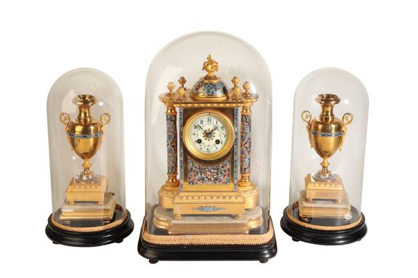 A VICTORIAN FRENCH ORMOLU AND ENAMEL CLOCK GARNITURE