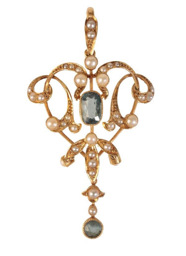 BELLE EPOQUE A 15CT YELLOW GOLD, AQUAMARINE AND SEED PEARL PENDANT