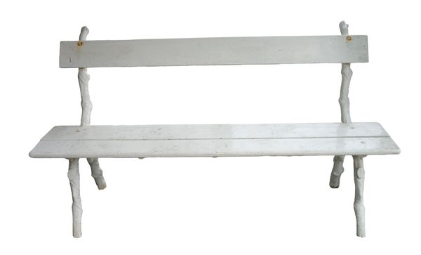 A WHITE-PAINTED CAST-IRON GARDEN BENCH