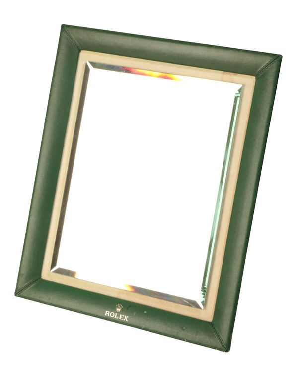 A ROLEX WATCH GREEN LEATHER DISPLAY MIRROR