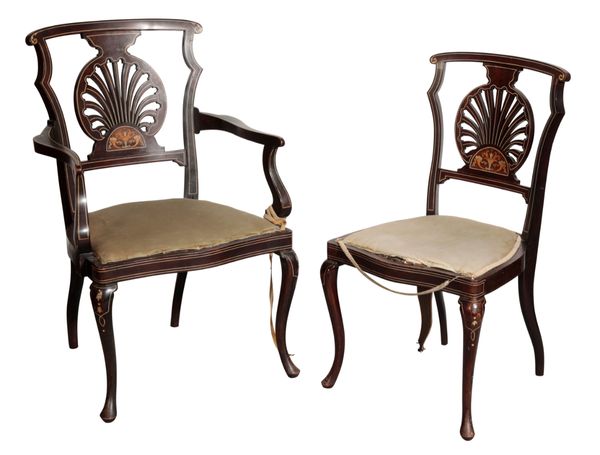 A SET OF SIX CONTINENTAL, PROBABLY ITALIAN MAHOGANY AND MARQUETRY DINING CHAIRS,