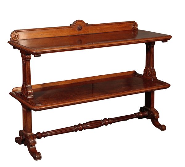 AN EARLY VICTORIAN OAK AND BROWN OAK TWO-TIER SERVING-TABLE OR ETAGERE