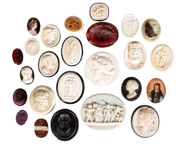 A COLLECTION OF TWENTY-FIVE  ASSORTED INTAGLIO AND RELIEF MOULDED GLASS PASTE 'GEMS', THE MAJORITY ALMOST CERTAINLY BY JAMES TASSIE, (1735–1799),
