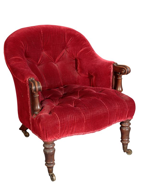 A VICTORIAN STAINED BEECH AND RED VELVET BUTTONED TUB ARMCHAIR