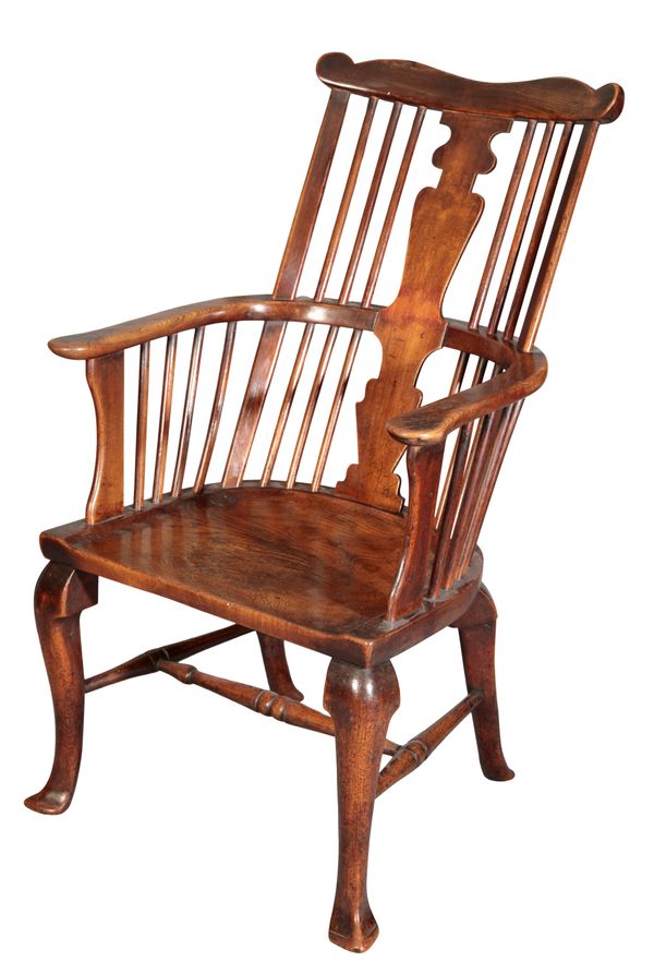 A GEORGE II FRUITWOOD AND ELM WINDSOR ELBOW CHAIR