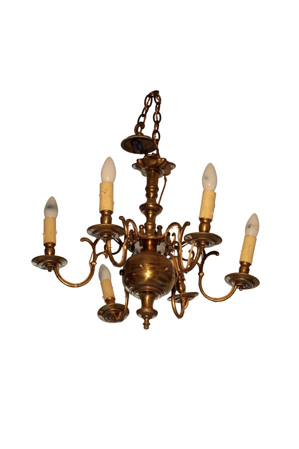 A BRASS SIX LIGHT CHANDELIER IN IN ANGLO DUTCH EARLY 18TH CENTURY STYLE,