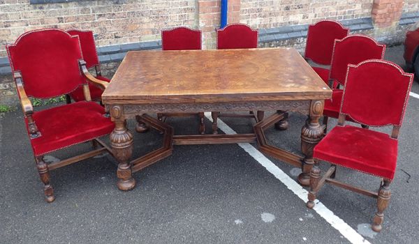 A LARGE 1920S OAK PARQUETRY DRAW LEAF DINING TABLE