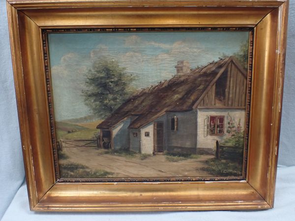 A COUNTRY COTTAGE, OIL ON CANVAS, INDISTINCTLY SIGNED