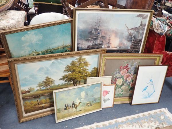 A LARGE OIL PAINTING OF A COUNTRY SCENE AND A COLLECTION OF PICTURES