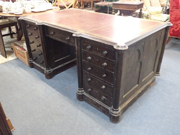 A 19TH CENTURY 'GOTHIC' OAK PARTNERS DESK