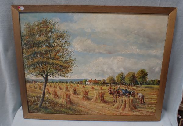 S BARNES ROBSON: HARVESTING SCENE, OIL ON BOARD