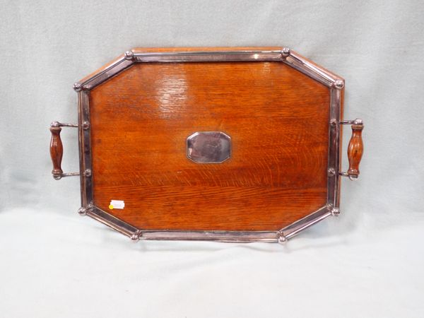 A 1930S OAK AND SILVERPLATED GALLERIED TRAY