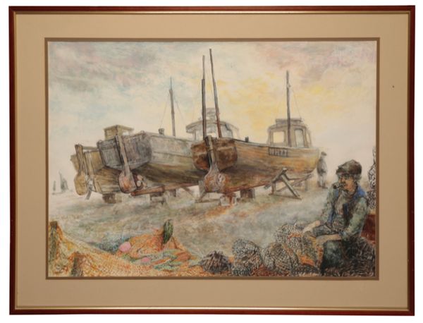 *GILLIAN MOORES (20TH CENTURY) 'West Bay Boats'