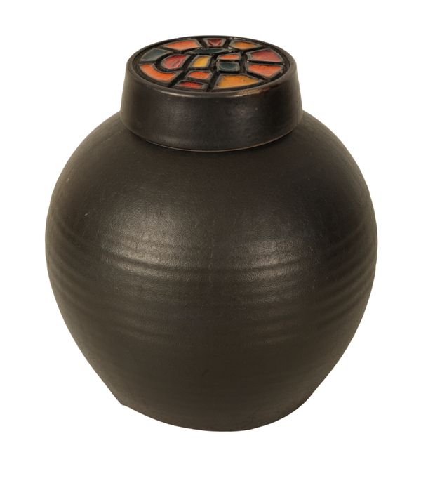 GUY SYDENHAM FOR POOLE POTTERY: A BLACK GINGER JAR WITH 'MOSAIC' COVER