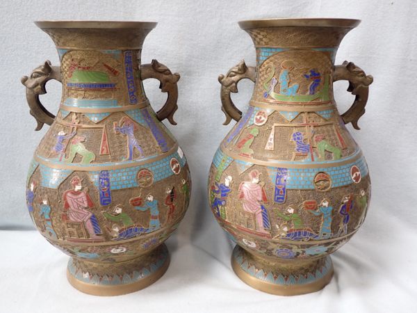 A LARGE PAIR OF CHINESE  ENAMELLED BRASS VASES