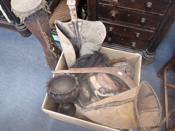 BOX CONTAINING TRIBAL ARTEFACTS