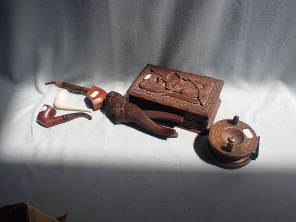 A CARVED WOOD 'BLACK FOREST' STYLE NUTCRACKER (WORMY) A MATCHAM & SON FISHING REEL