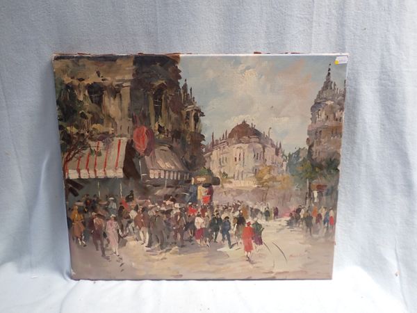 A STREET SCENE, PROBABLY PARIS, OIL ON CANVAS, SIGNED 'BOUCHER'