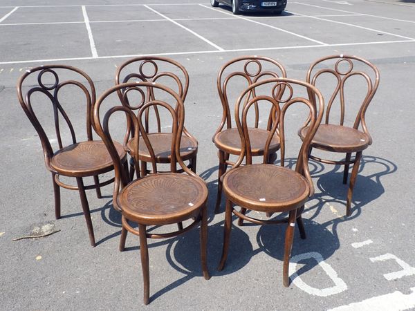 A SET OF SIX BENTWOOD CHAIRS, WITH STAMPED PLYWOOD SEATS