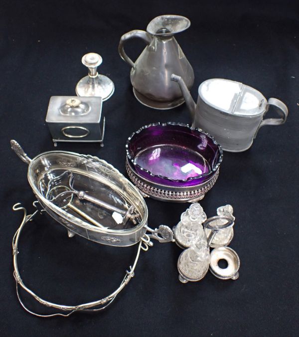 A PEWTER WATER JUG, A COPPER JUG AND A SILVER PLATED TEACADDY