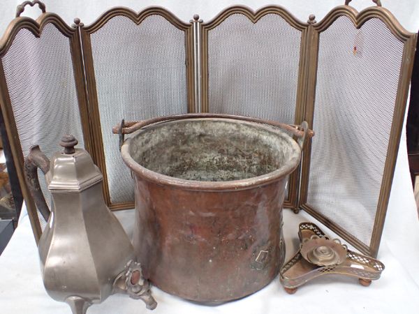 A COPPER BUCKET OR CAULDRON, WITH IRON HANDLE