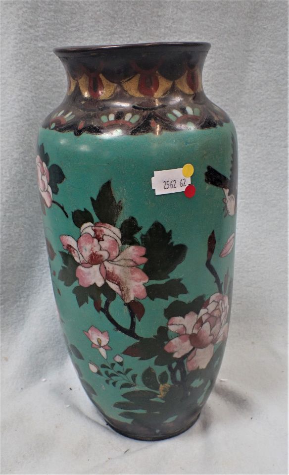 A CLOISONNE VASE WITH BIRD AND BUTTERFLIES AMONGST FLOWERS