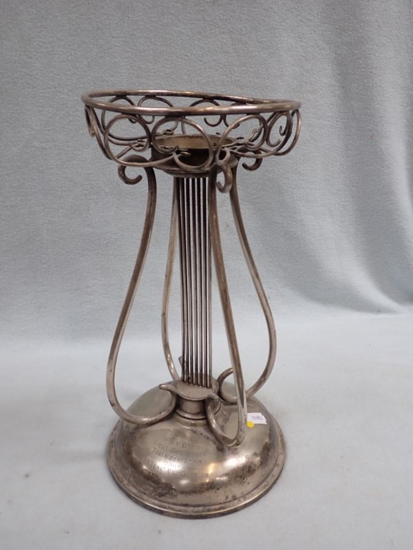 A SILVER-PLATED DISH STAND, OF LYRE FORM