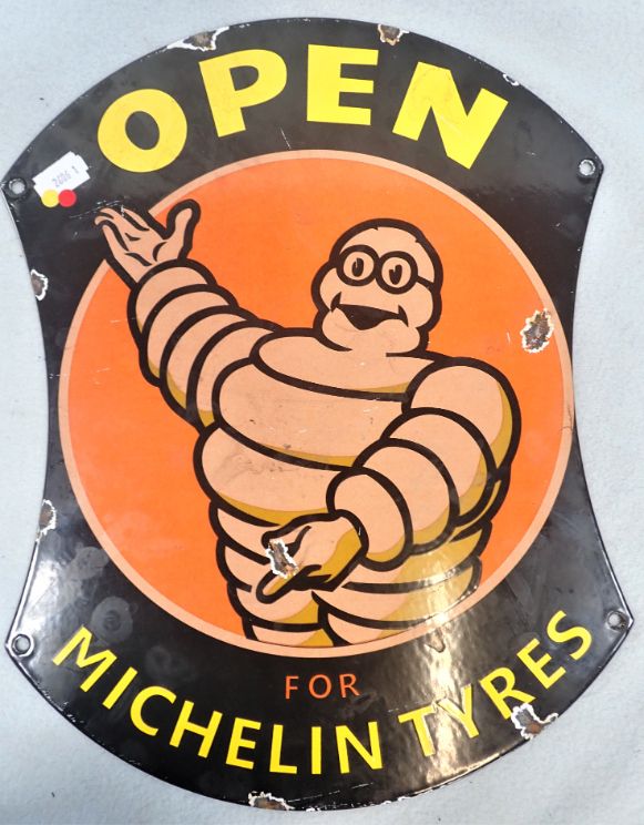 A VINTAGE STYLE ENAMEL SIGN: 'OPEN FOR MICHELIN TYRES'