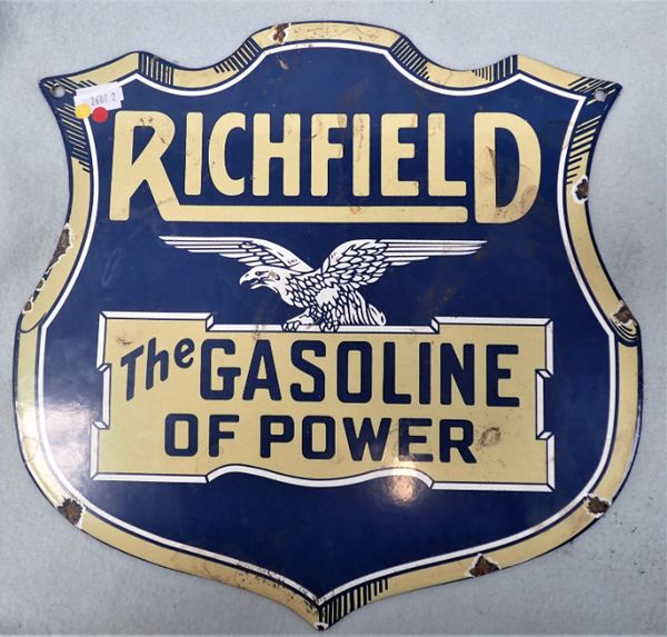 A VINTAGE STYLE ENAMEL SIGN:  'RICHFIELD, THE GASOLINE OF POWER'