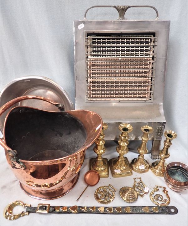 A COPPER COAL SCUTTLE, TWO PAIRS OF BRASS CANDLESTICKS