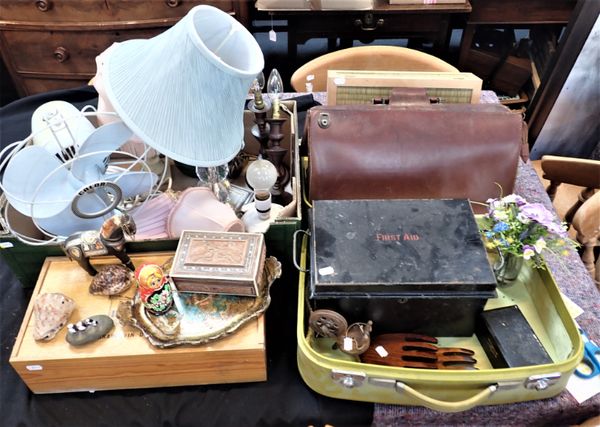 A VINTAGE JAPANNED 'FIRST AID' BOX, LAMPS AND SUNDRIES