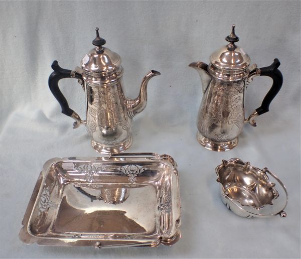 A SILVER-PLATED COFFEE POT, MATCHING TEAPOT