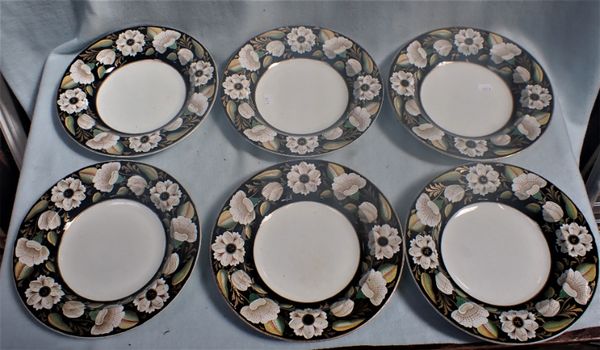 SIX GILDED AND PRINTED IRONSTONE SOUP PLATES