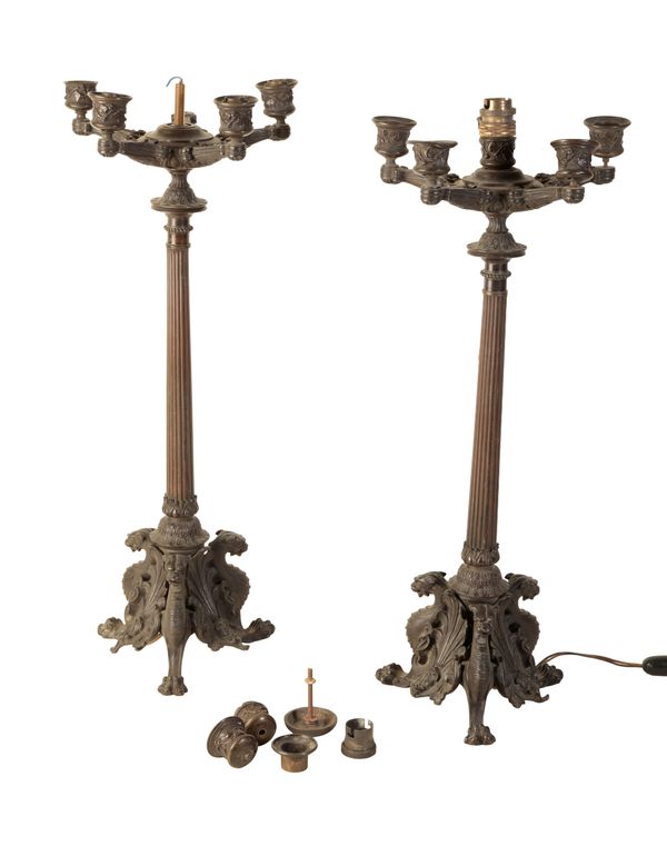 A PAIR OF LOUIS PHILIPPE PATINATED METAL CANDELABRA