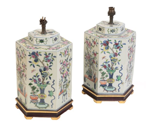 A PAIR OF CHINESE FAMILLE ROSE JAR AND COVERS, CONVERTED TO TABLE LAMPS