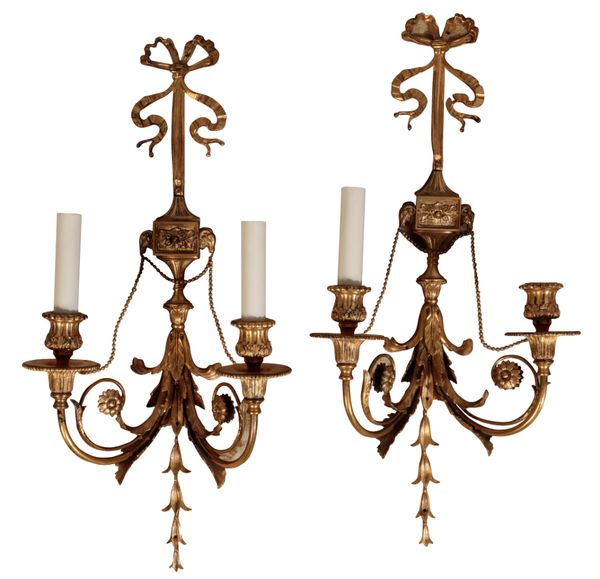 A PAIR OF LOUIS XVI STYLE GILT METAL TWIN-LIGHT WALL APPLIQUES