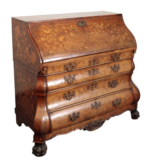 A DUTCH WALNUT AND MARQUETRY BOMBE BUREAU