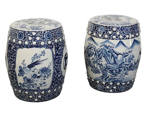 A NEAR PAIR OF CHINESE BLUE AND WHITE BARREL FORM GARDEN SEATS