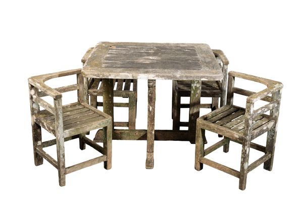 A WEATHERED TEAK GARDEN SET