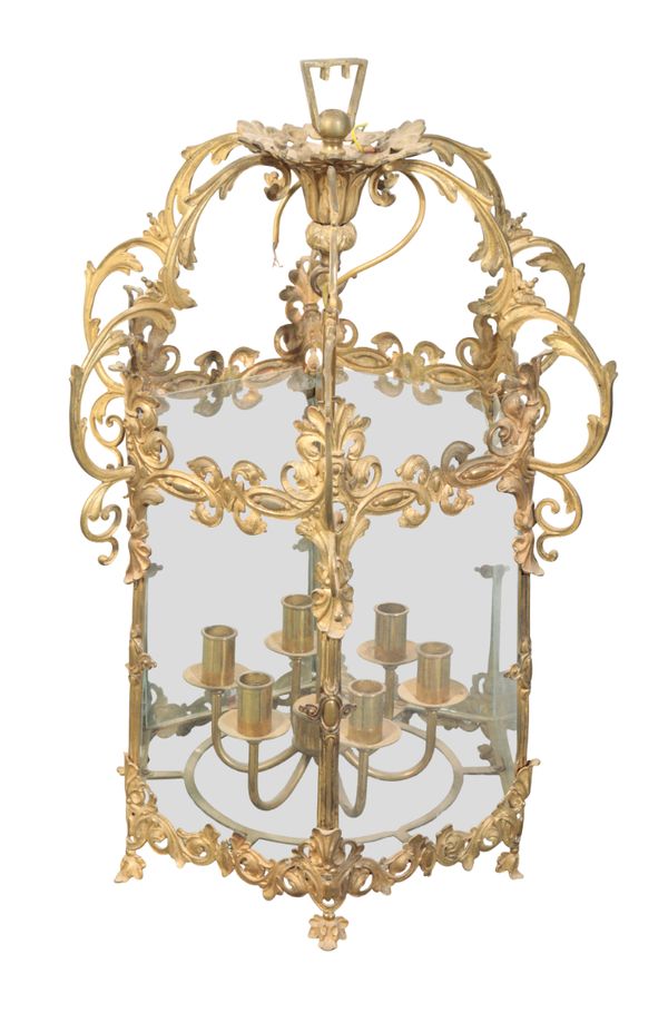 A GILT METAL AND BRASS HALL LANTERN