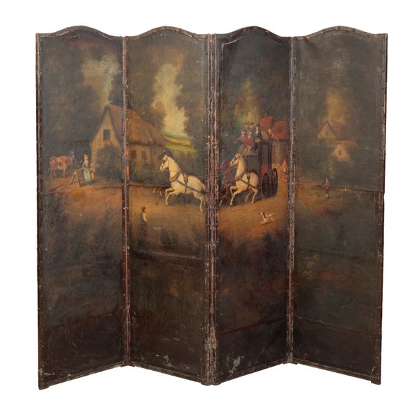 A VICTORIAN PAINTED LEATHER SCREEN