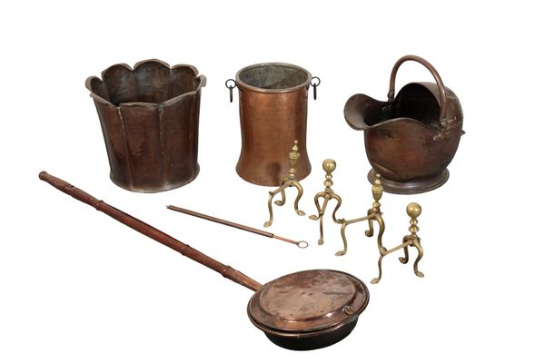 A COPPER COAL SCUTTLE AND OTHER FIRE ACCESSORIES